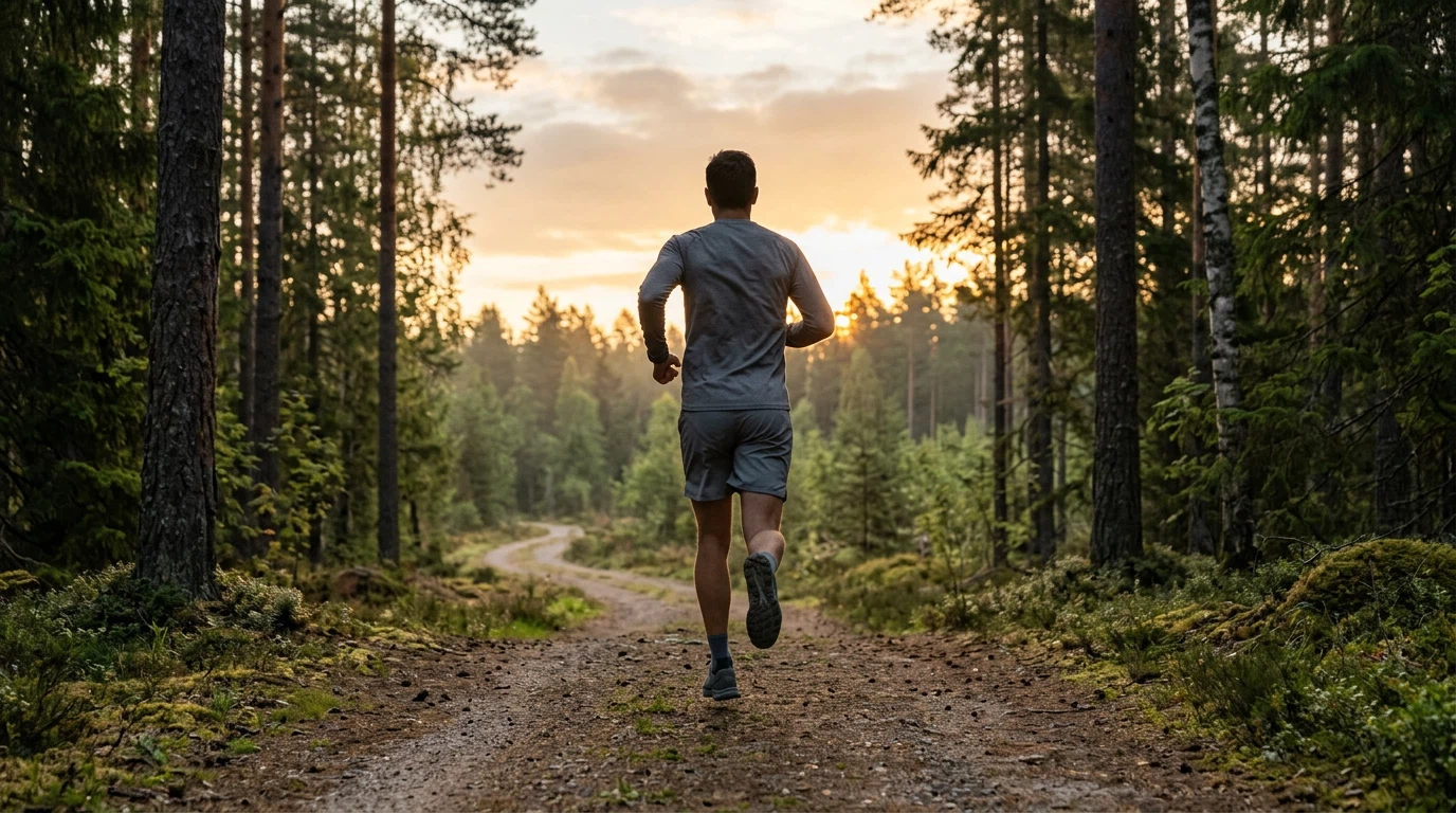 Man joggar i skogen - daglig hälsorutin för aktiva män efter 40